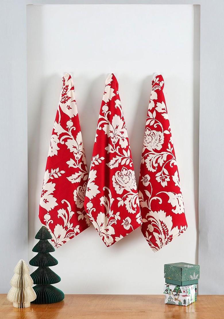 3Pcs White And Red Printed Cotton Kitchen Towels