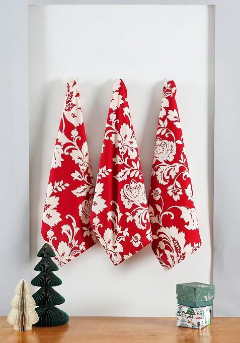 3Pcs White And Red Printed Cotton Kitchen Towels