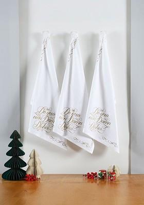 3Pcs White And Brown Printed Cotton Kitchen Towels