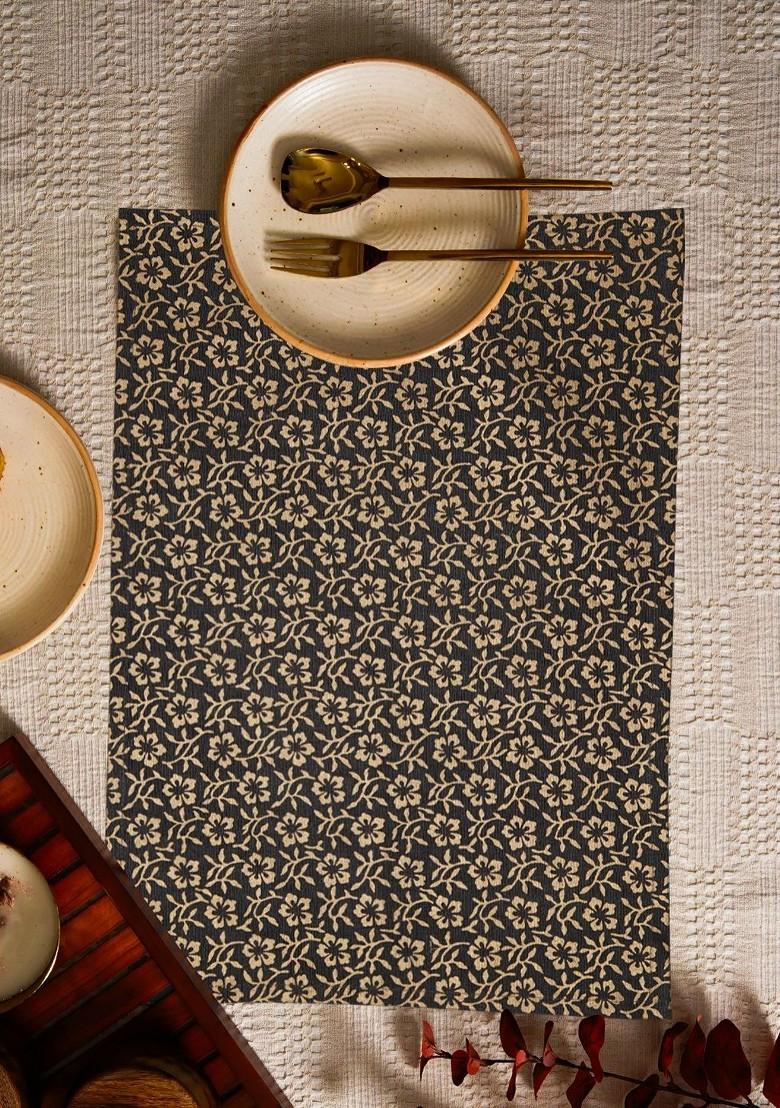 Grey 6 Pieces Floral Printed Rectangle Shaped Cotton Table Placemats