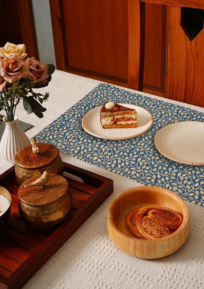 Teal Blue 6 Pieces Floral Printed Rectangle Shaped Cotton Table Placemats