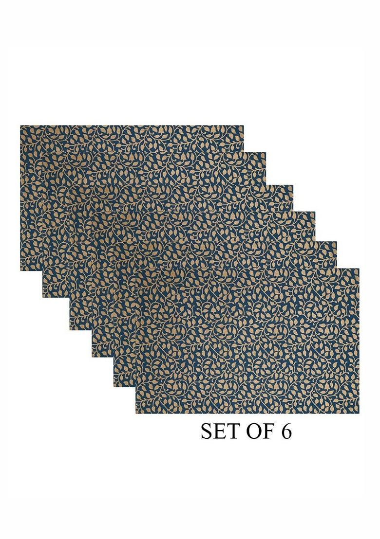 Teal Blue 6 Pieces Floral Printed Rectangle Shaped Cotton Table Placemats