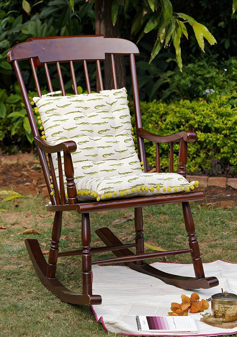 OffWhite And Green 2 Pieces Aligator Printed Cotton Square Chair Pads