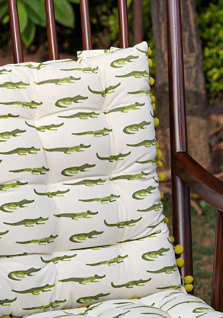 OffWhite And Green 2 Pieces Aligator Printed Cotton Square Chair Pads