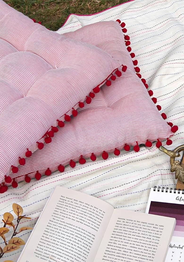 Pink And White 2 Pieces Striped Cotton Square Chair Pads