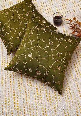 Green And Yellow 2 Pieces Floral Embroidered Cotton Square Cushion Covers