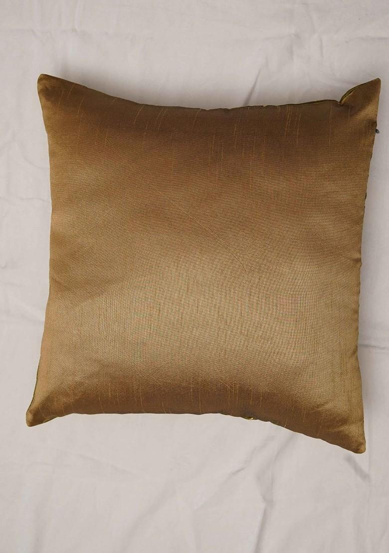 Green And Yellow 2 Pieces Floral Embroidered Cotton Square Cushion Covers