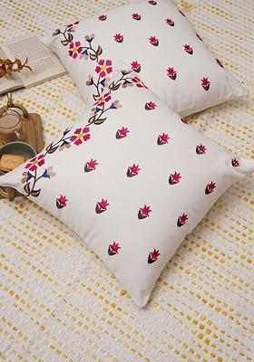 Pink And Off White 2 Pieces Floral Embroidered Cotton Square Cushion Covers