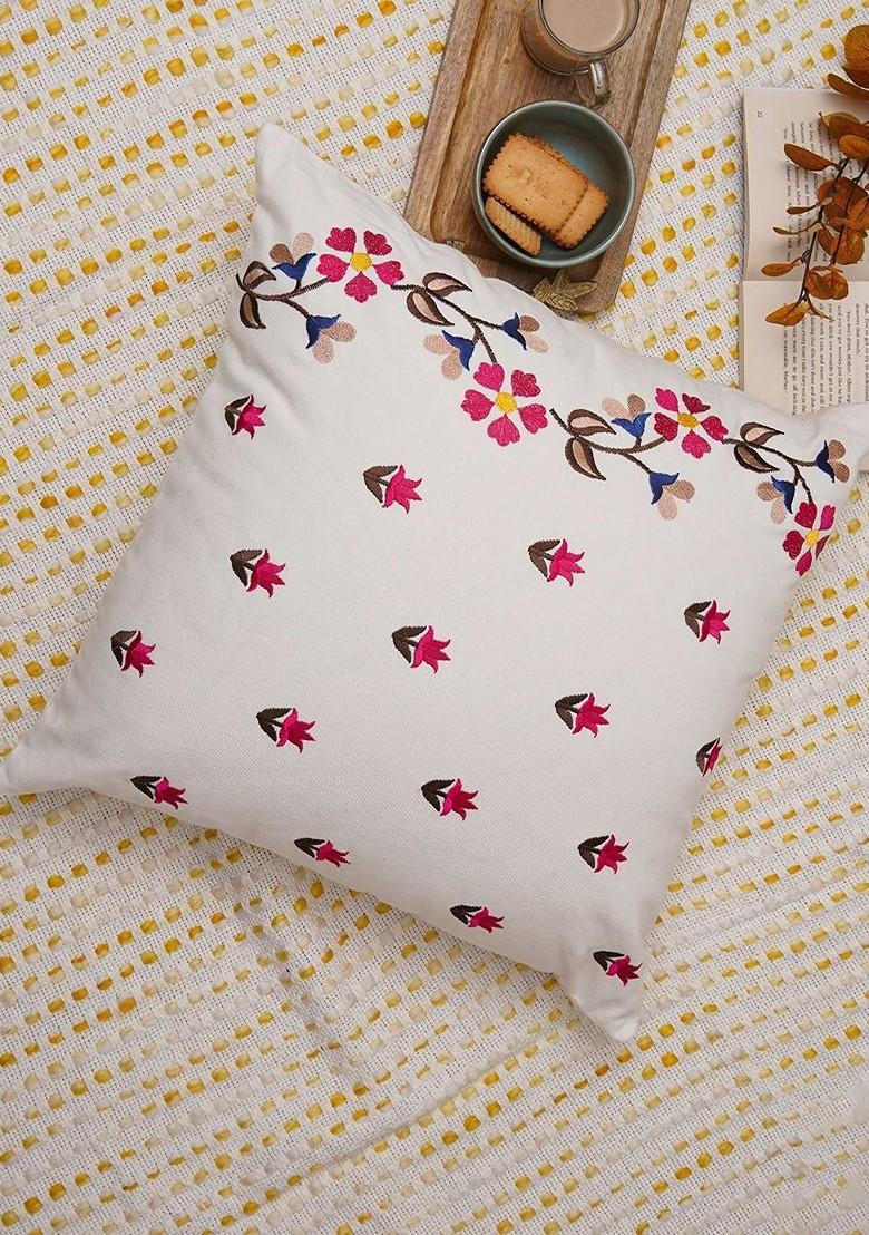 Pink And Off White 2 Pieces Floral Embroidered Cotton Square Cushion Covers