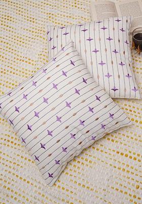 Purple And White 2 Pieces Floral Embroidered Cotton Square Cushion Covers