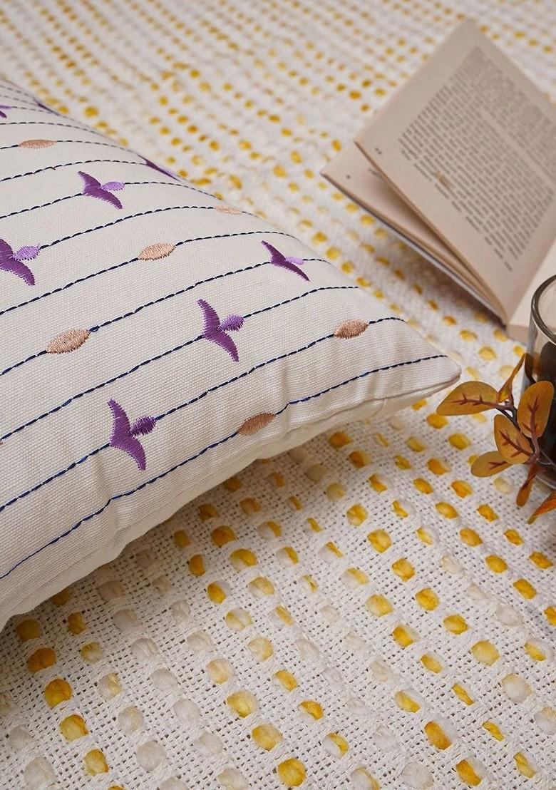 Purple And White 2 Pieces Floral Embroidered Cotton Square Cushion Covers