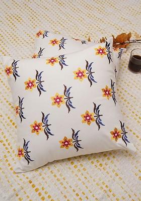 White And Yellow 2 Pieces Floral Embroidered Cotton Square Cushion Covers