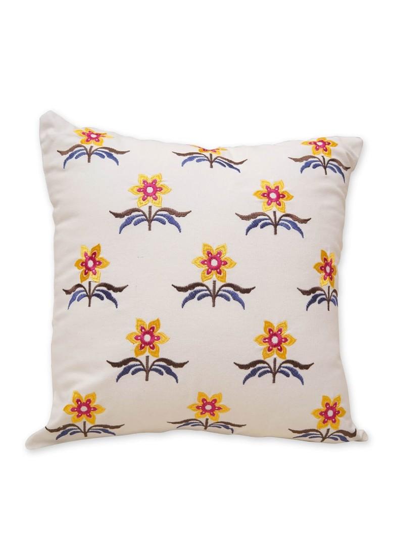 White And Yellow 2 Pieces Floral Embroidered Cotton Square Cushion Covers