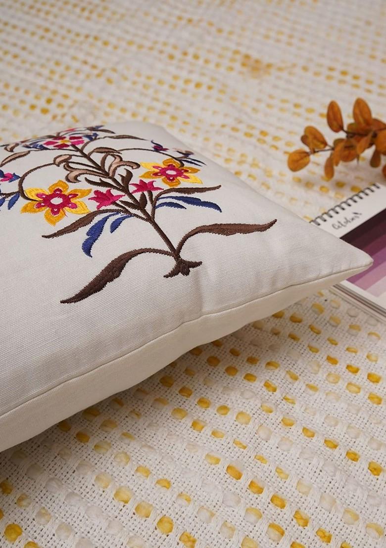 Pink And Yellow Floral Embroidered Rectangle Cushion Covers