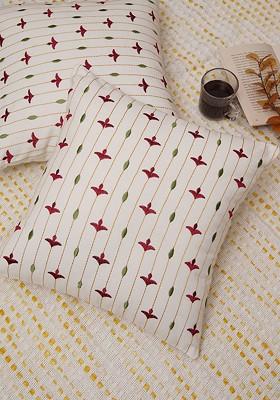 White And Red 2 Pieces Floral Embroidered Cotton Square Cushion Covers