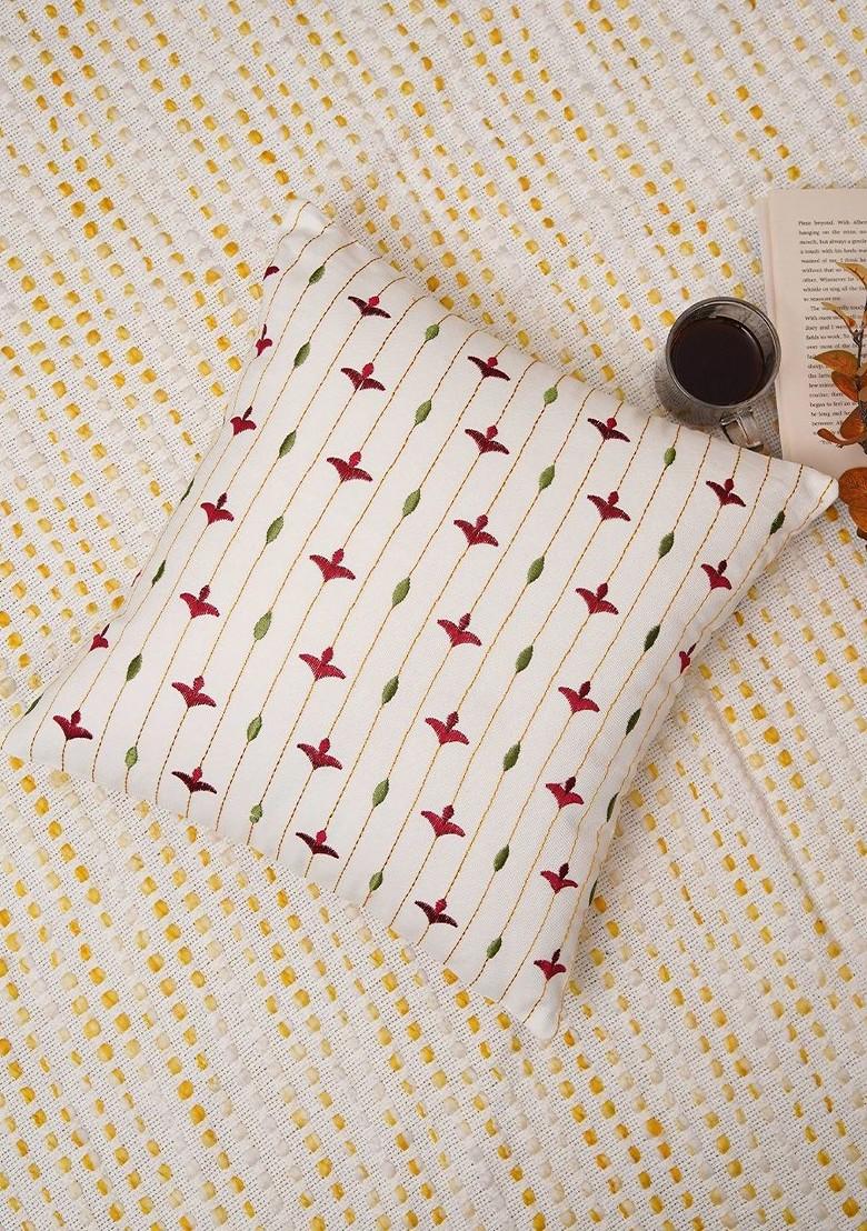 White And Red 2 Pieces Floral Embroidered Cotton Square Cushion Covers