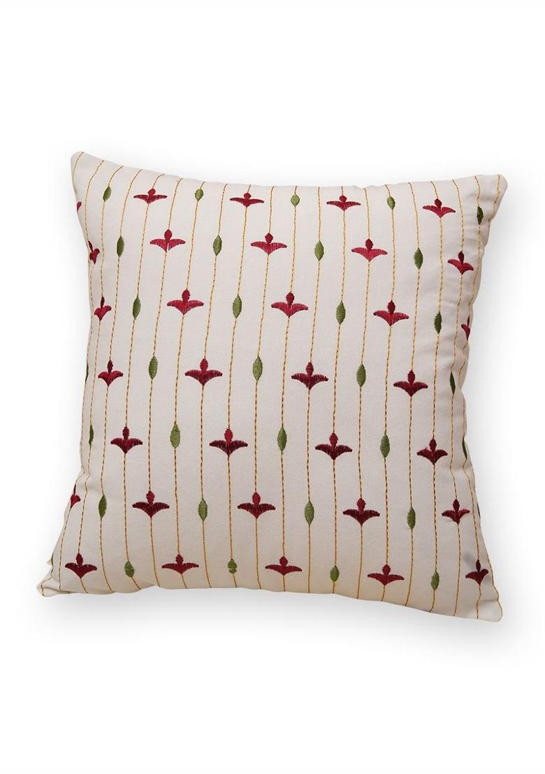 White And Red 2 Pieces Floral Embroidered Cotton Square Cushion Covers