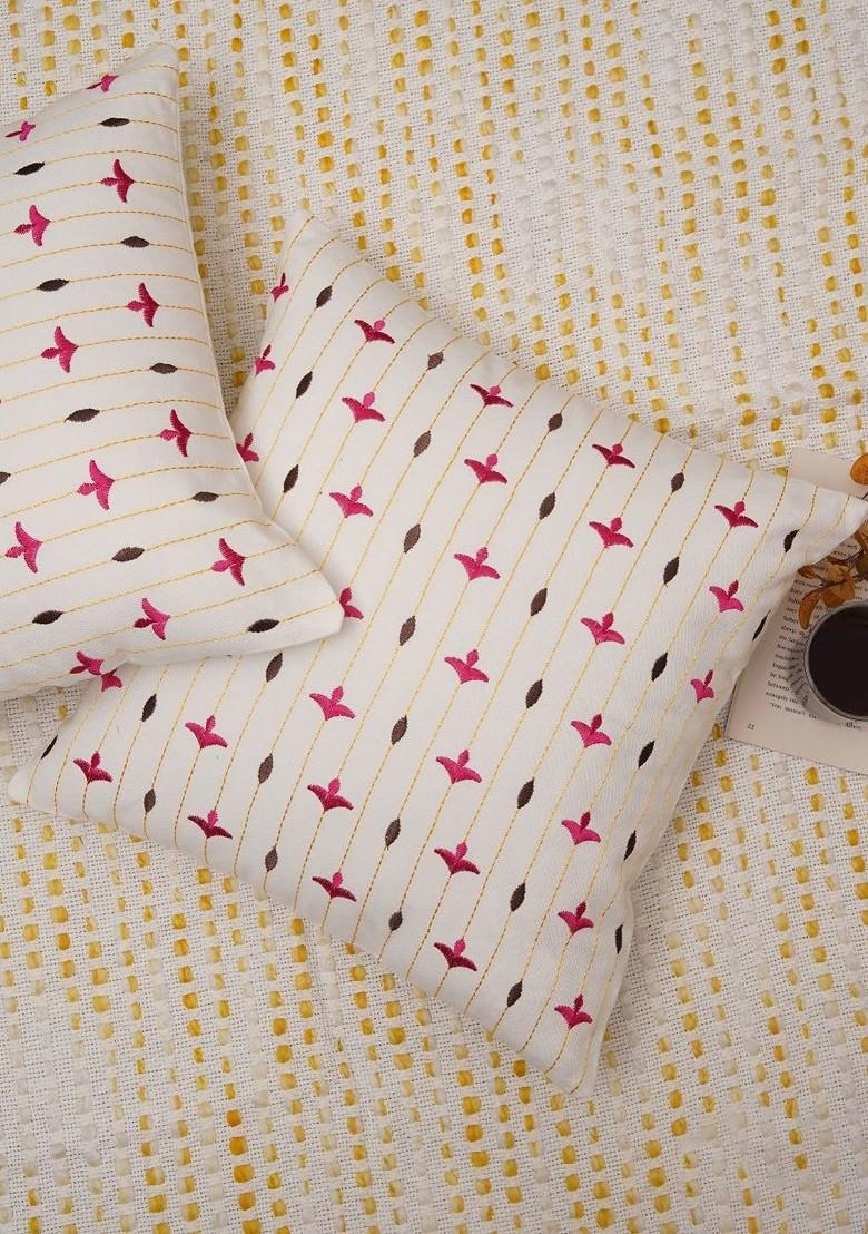 White And Pink 2 Pieces Floral Embroidered Cotton Square Cushion Covers