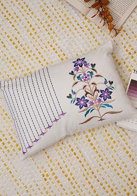 Purple And White Floral Embroidered Cotton Rectangle Cushion Covers