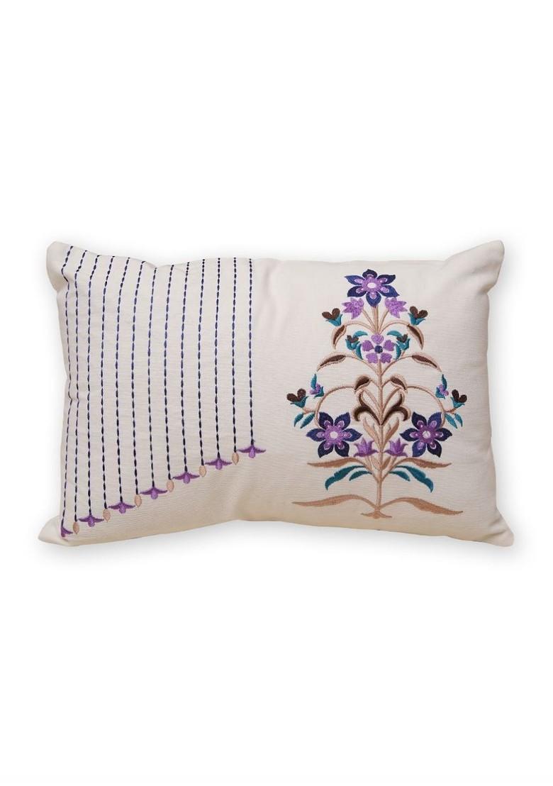 Purple And White Floral Embroidered Cotton Rectangle Cushion Covers