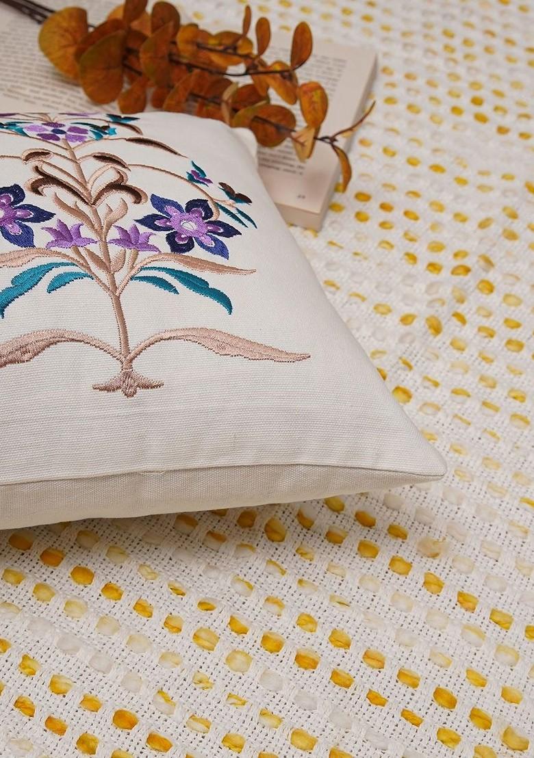 Purple And White Floral Embroidered Cotton Rectangle Cushion Covers
