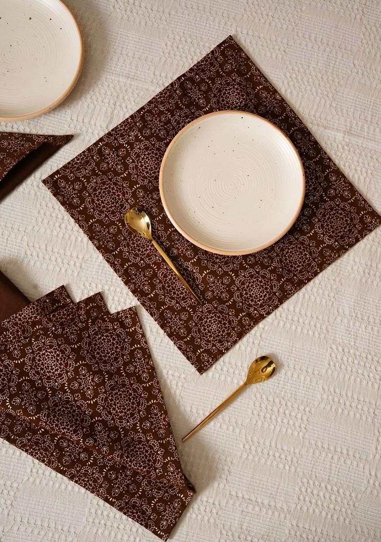 Brown And Beige 6 Pieces Printed Cotton Table Napkins
