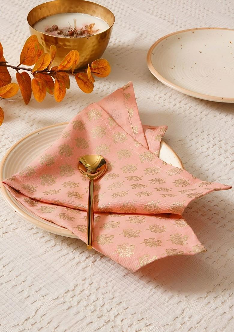 Pink And GoldToned 6 Pieces Paisley Printed Cotton Table Napkins