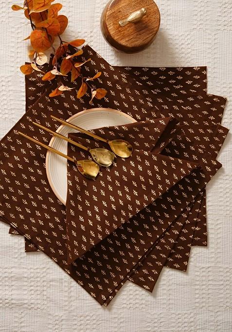 Brown And GoldToned 6 Pieces Printed Cotton Table Napkins