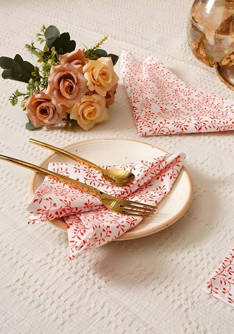 White And Red 6 Pieces Printed Cotton Table Napkins