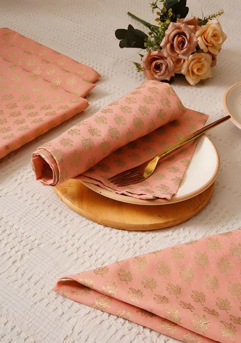 Pink And GoldToned 6 Pieces Paisley Printed Cotton Table Napkins