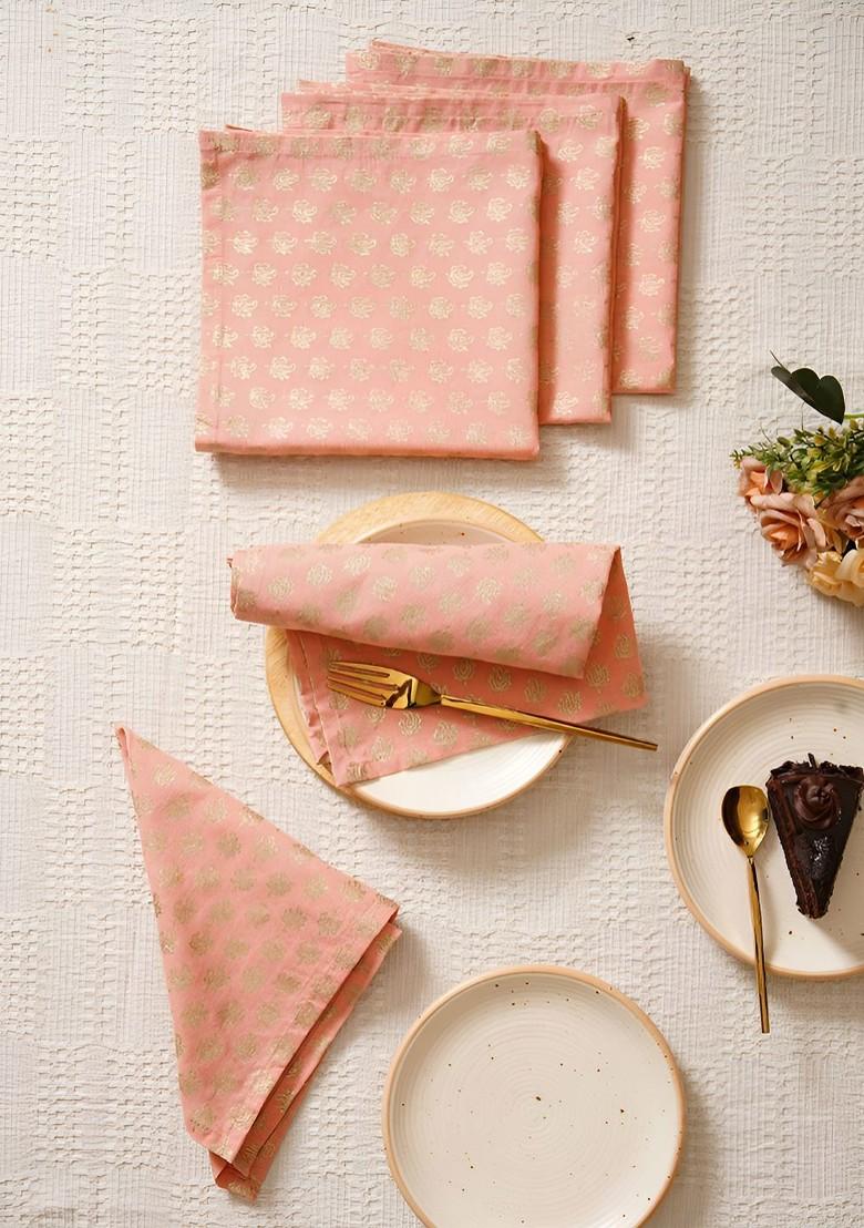 Pink And GoldToned 6 Pieces Paisley Printed Cotton Table Napkins