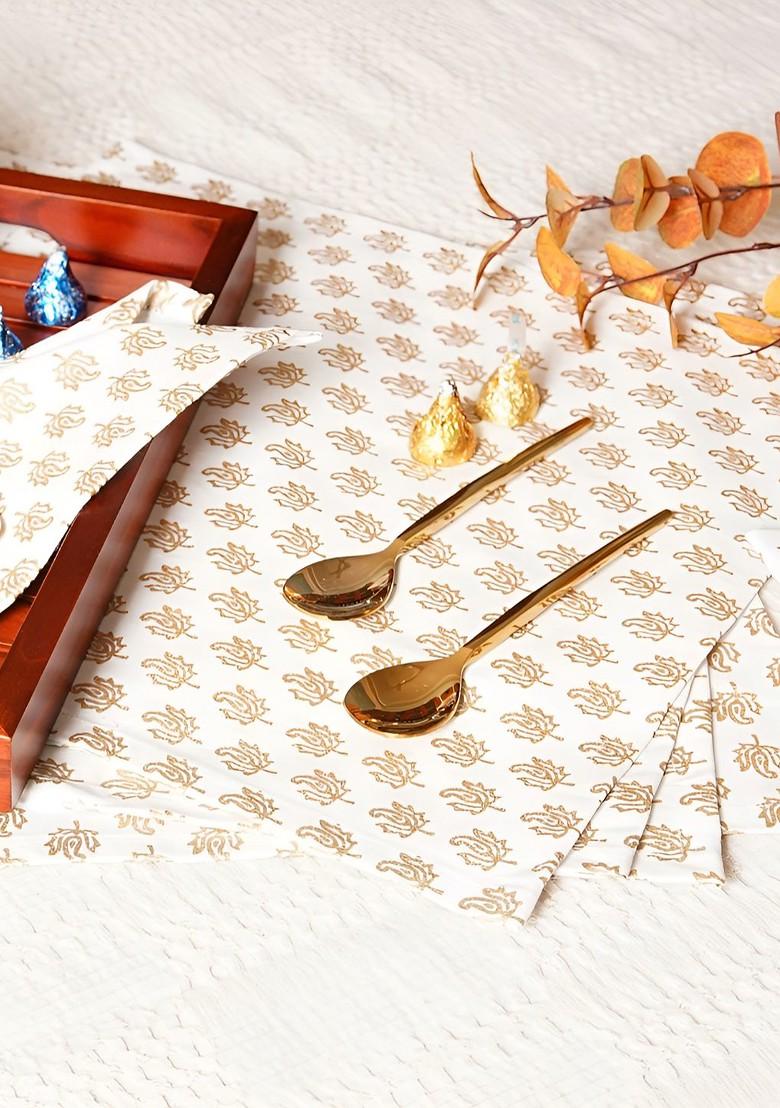 White And GoldToned 6 Pieces Paisley Printed Cotton Table Napkins