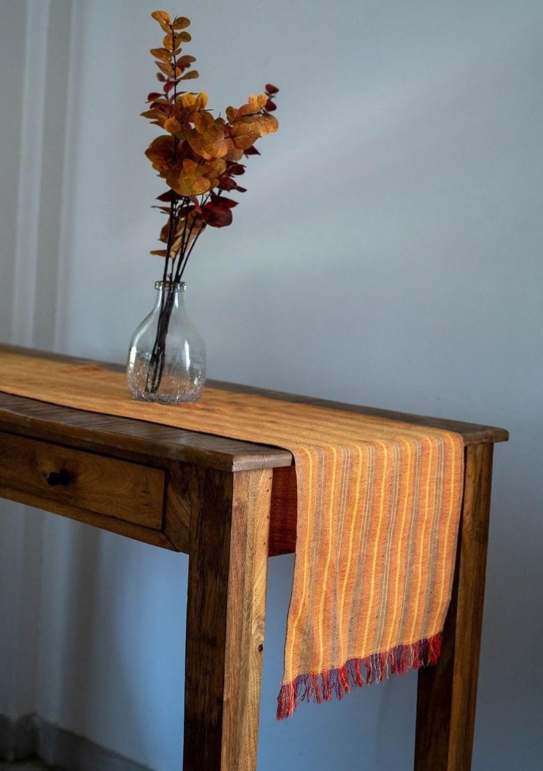 OrangeColoured And Red Striped Pure Cotton Rectangular Table Runner