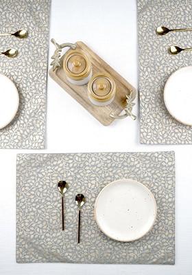 Grey And Yellow 6 Pieces Floral Printed Pure Cotton Rectangular Table Placemats