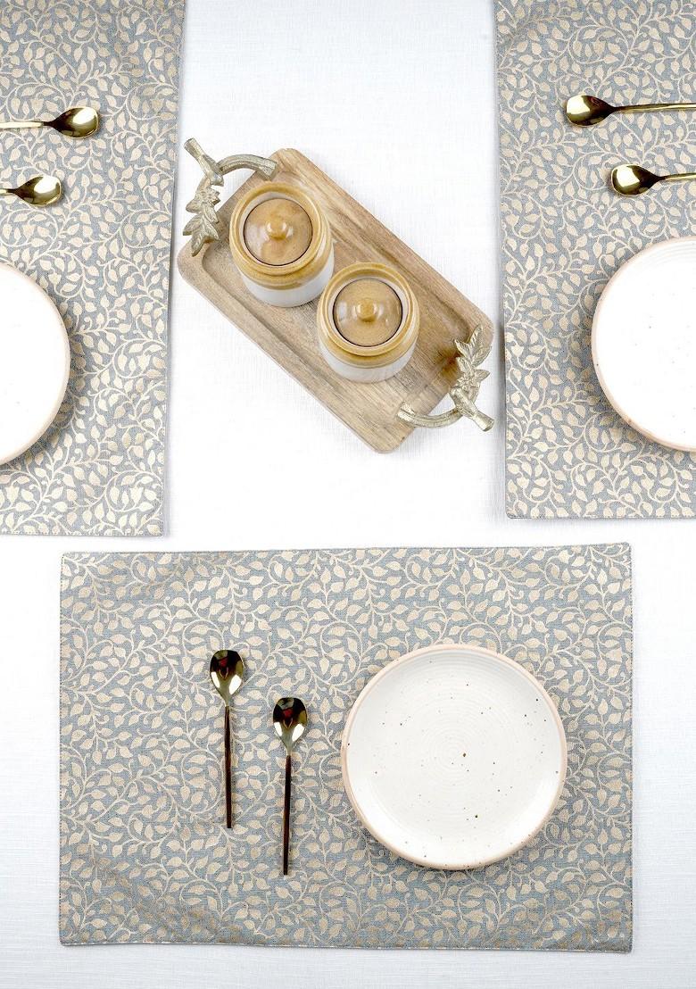 Grey And Yellow 6 Pieces Floral Printed Pure Cotton Rectangular Table Placemats