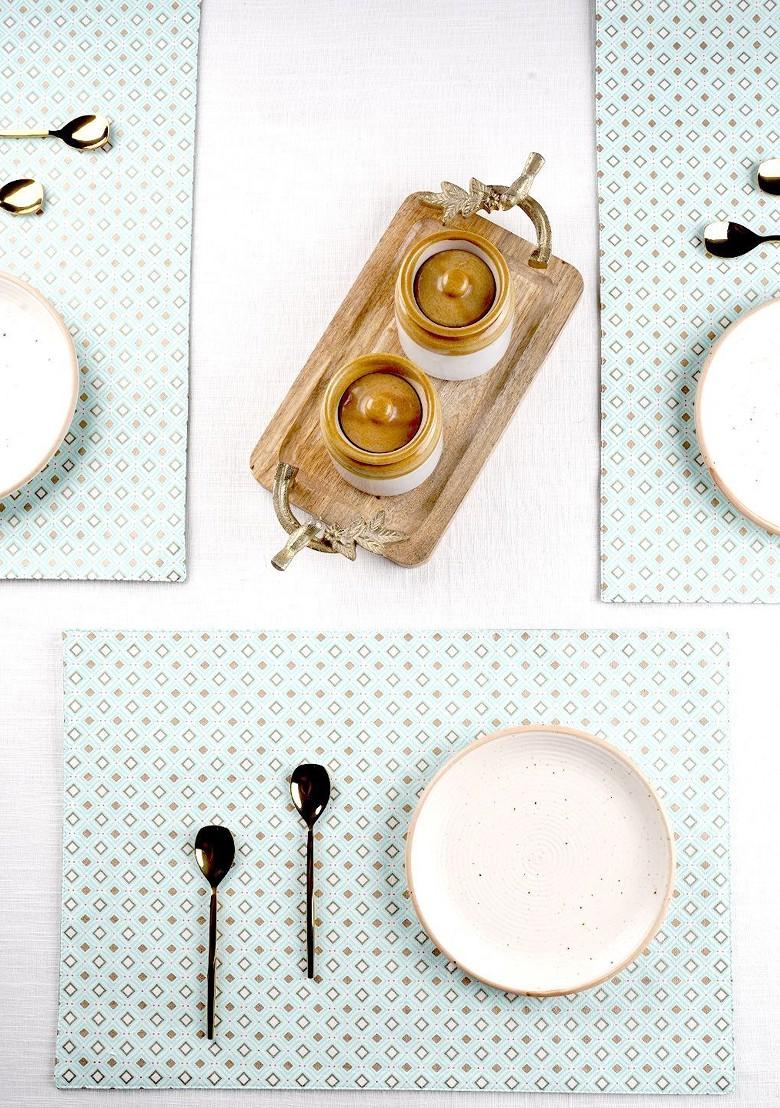 Sea Green 4 Pieces Geometric Printed Pure Cotton Rectangular Table Placemats