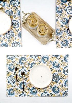 Blue 6 Pieces Ethnic Motifs Printed Pure Cotton Rectangular Table Placemats
