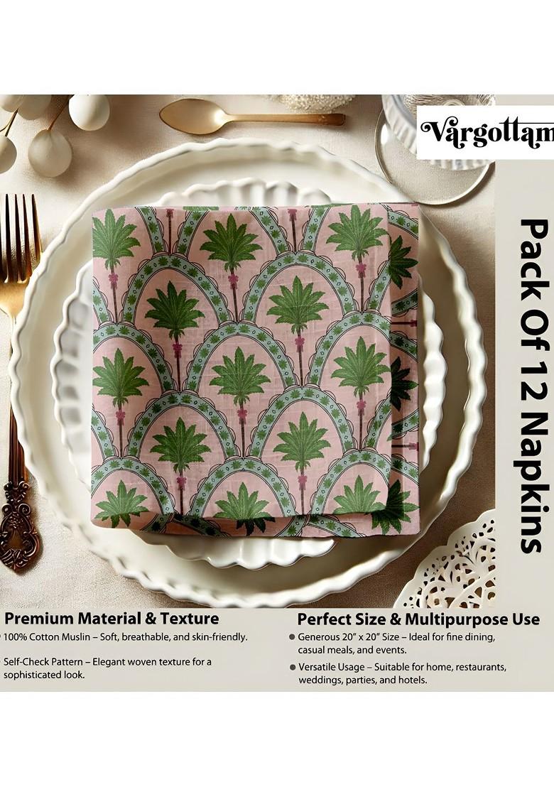 12Pcs Pink And Green Printed Cotton Table Napkins