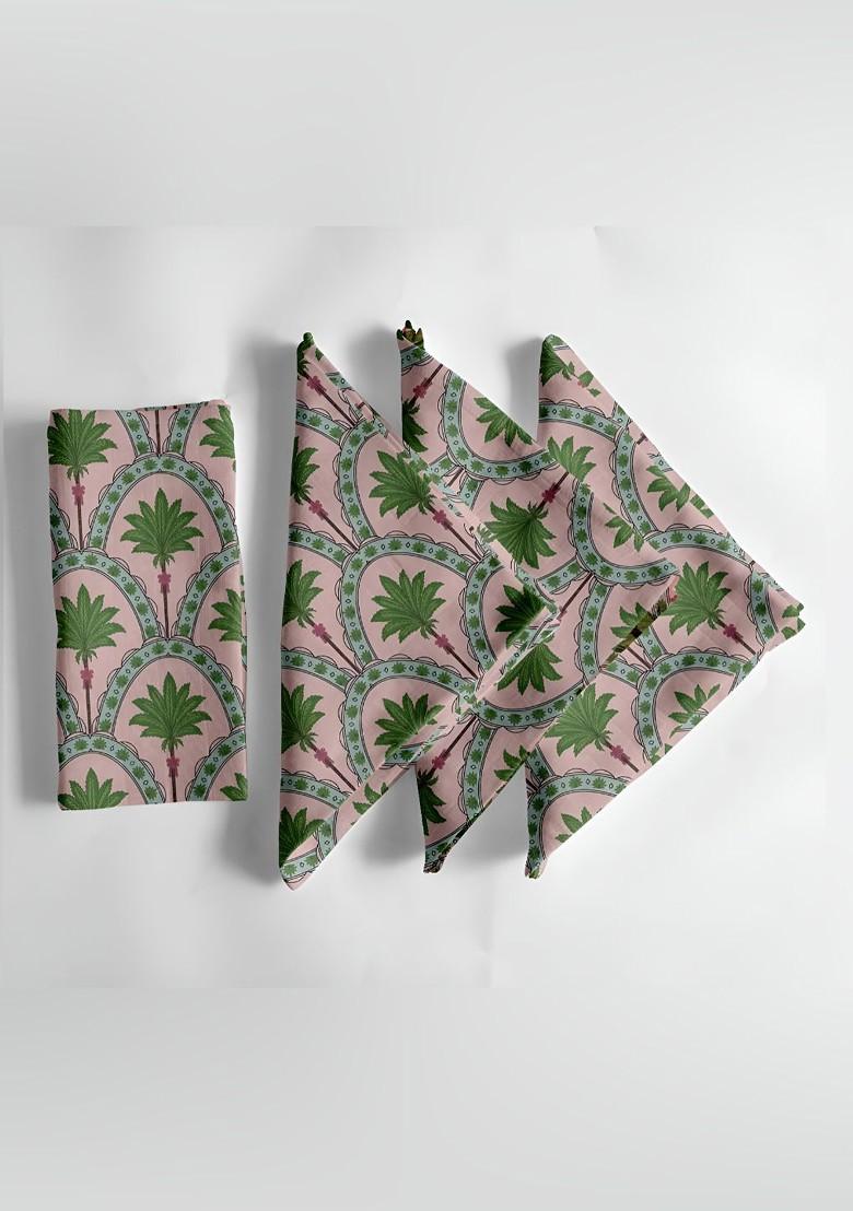 12Pcs Pink And Green Printed Cotton Table Napkins