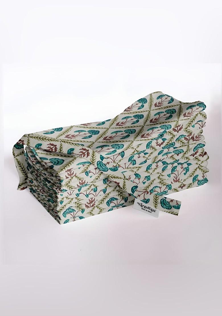 12Pcs White And Green Printed Cotton Table Napkins