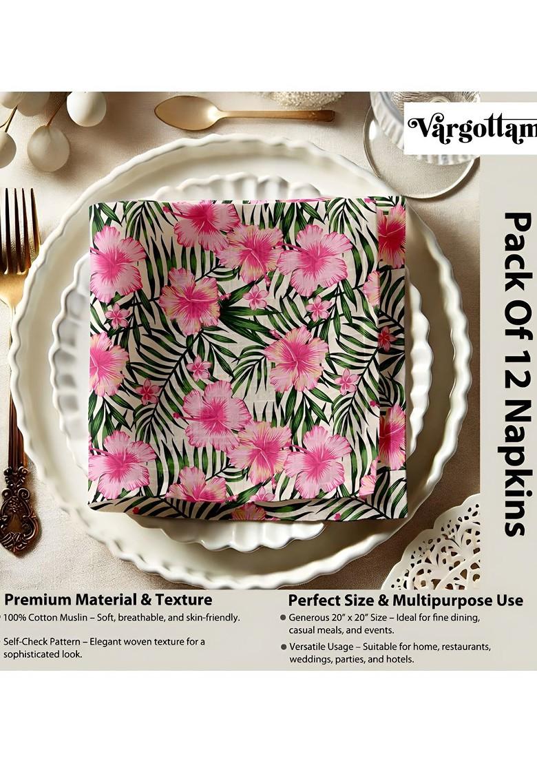 12Pcs Pink And Green Printed Cotton Table Napkins