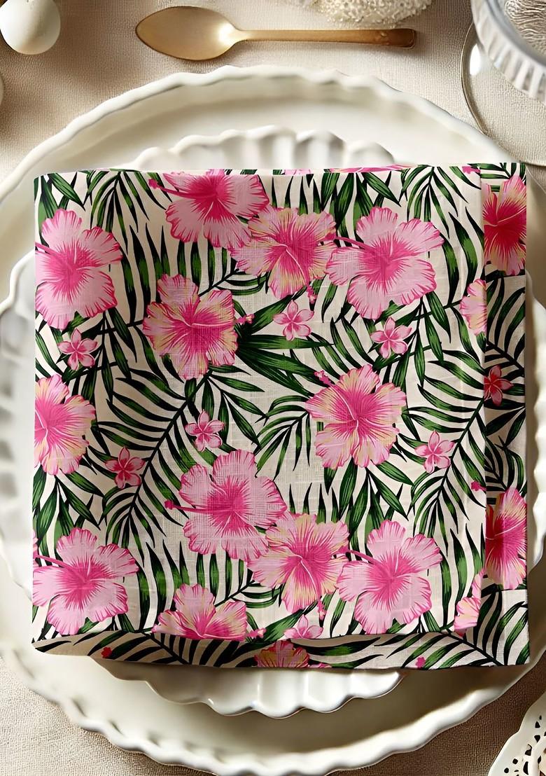 12Pcs Pink And Green Printed Cotton Table Napkins