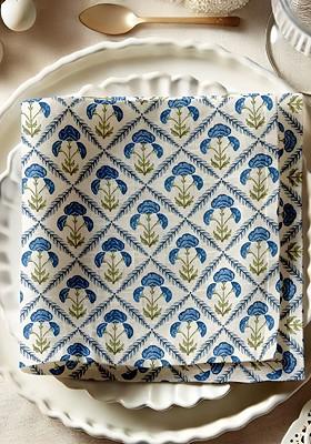 12Pcs White And Blue Printed Cotton Table Napkins