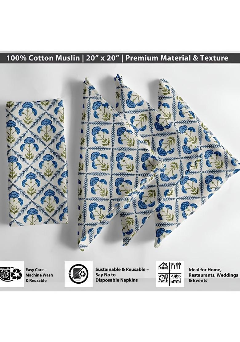 12Pcs White And Blue Printed Cotton Table Napkins