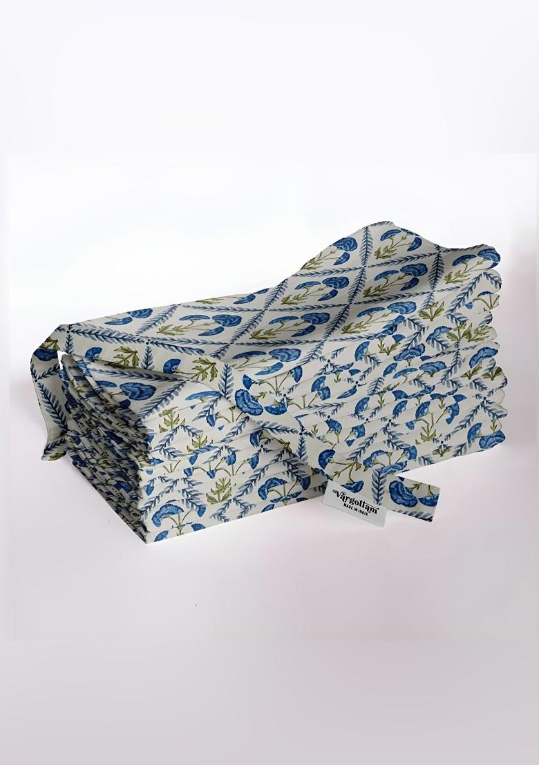 12Pcs White And Blue Printed Cotton Table Napkins