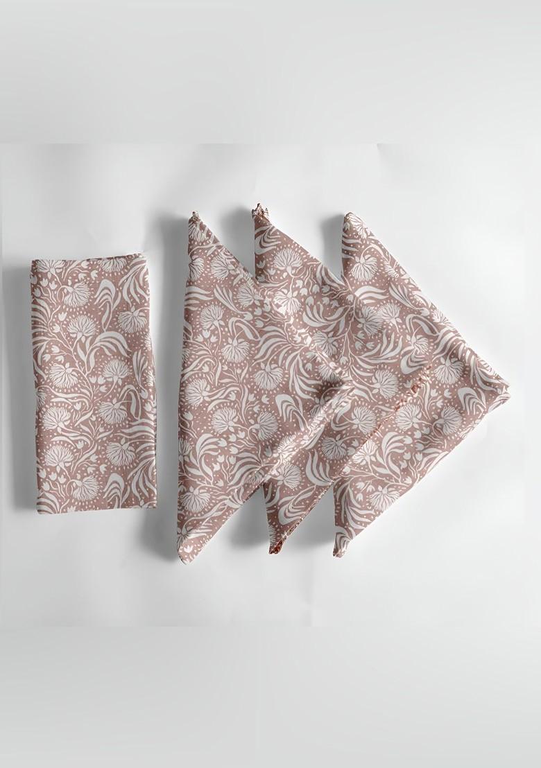 12Pcs White And Brown Printed Cotton Table Napkins