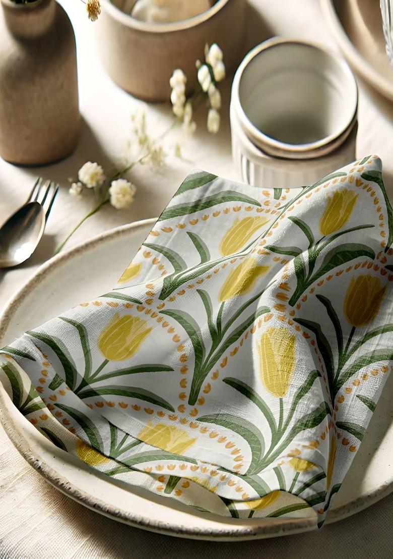 12Pcs White And Yellow Printed Cotton Table Napkins