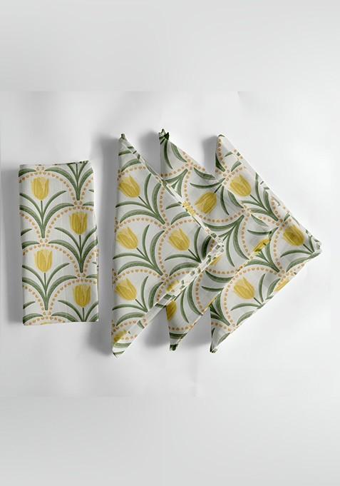 12Pcs White And Yellow Printed Cotton Table Napkins
