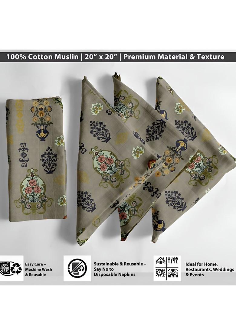 12Pcs Olive And Yellow Printed Cotton Table Napkins