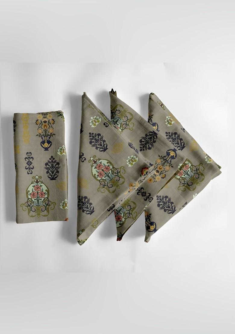 12Pcs Olive And Yellow Printed Cotton Table Napkins
